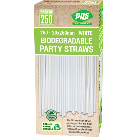 Party Straws Plastic White Bio Degradable 250pc/20 image