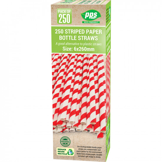 Party Straws Paper Striped 6x260mm 250pc/20 STRAWS image