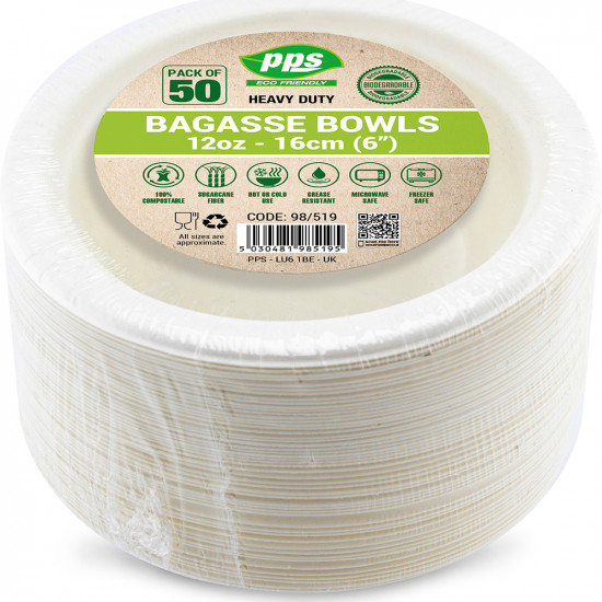 Plates Bagasse Bowl White 12oz 50pc/10 PLATES & BOWLS image